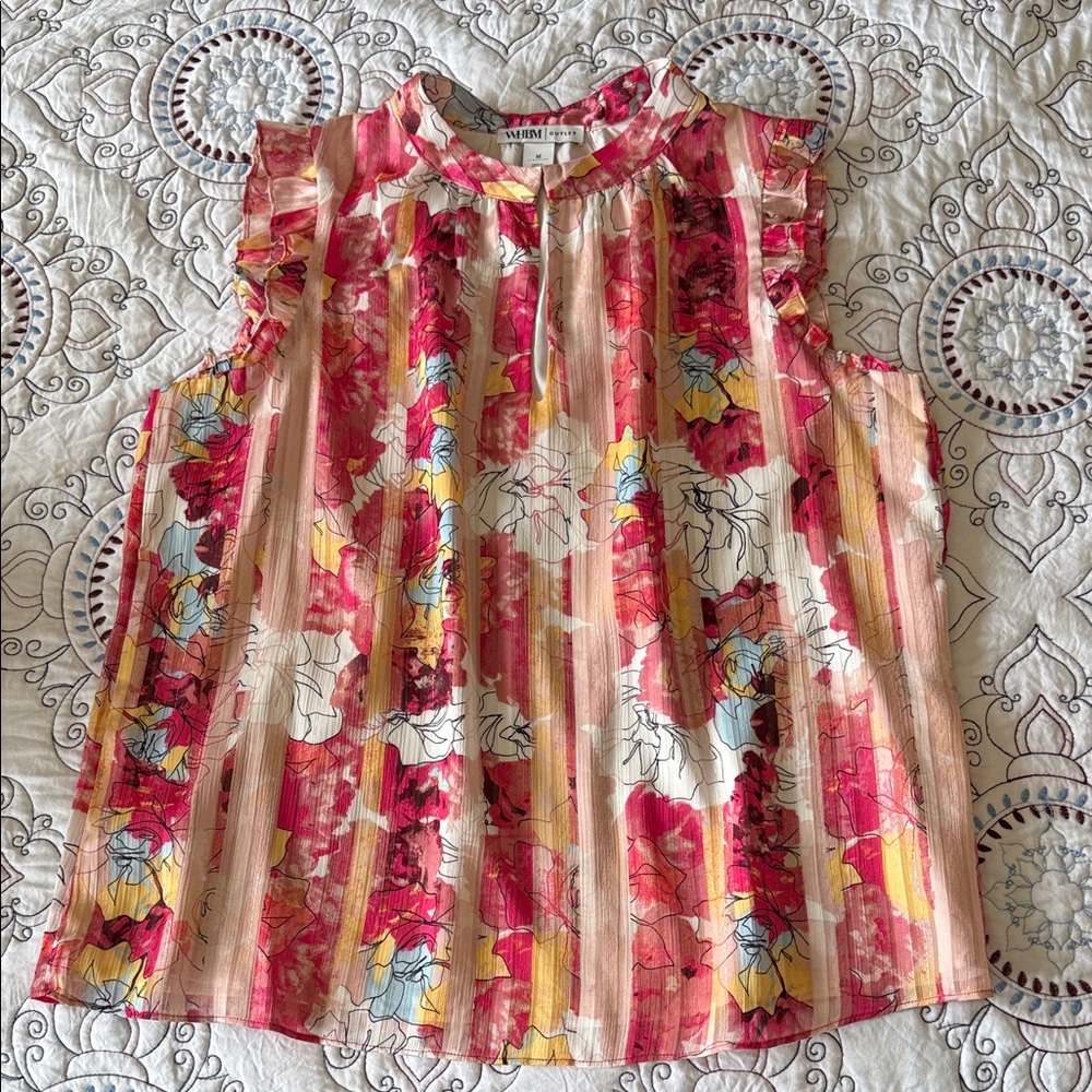 White House Black Market Pink Floral Ruffle Blouse